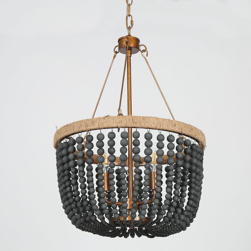 Farmhouse Coastal Wood Beaded Drum Chandelier 3-light Black Dining Room Bedroom Lighting with Hemp Rope - D16'' * H23''