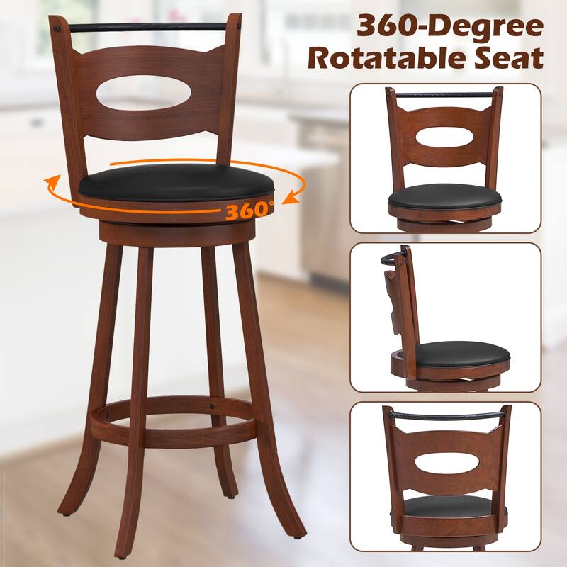 Gymax 4PCS Swivel Bar Stools Dining Chairs Solid Rubber Wood Leather