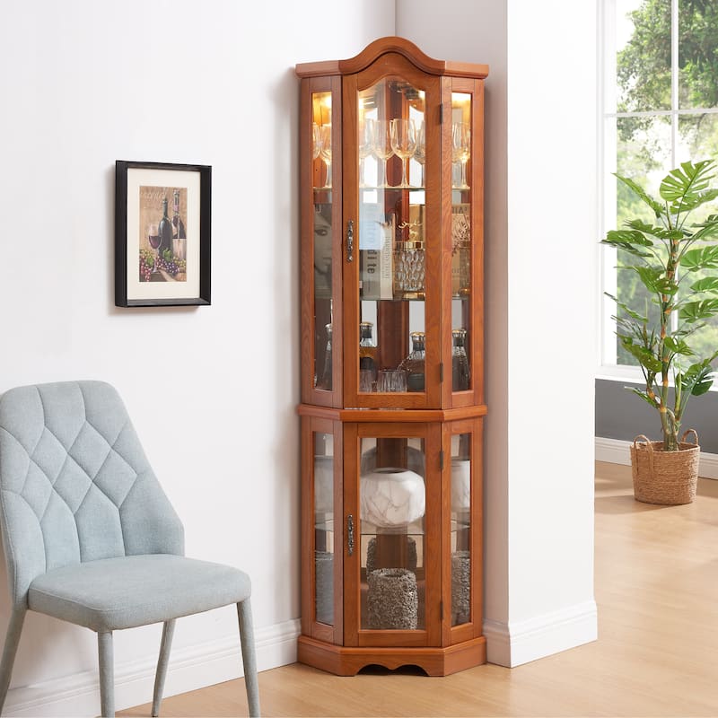 70" Lighted Corner Curio Cabinet with Tempered Glass Doors and Shelves