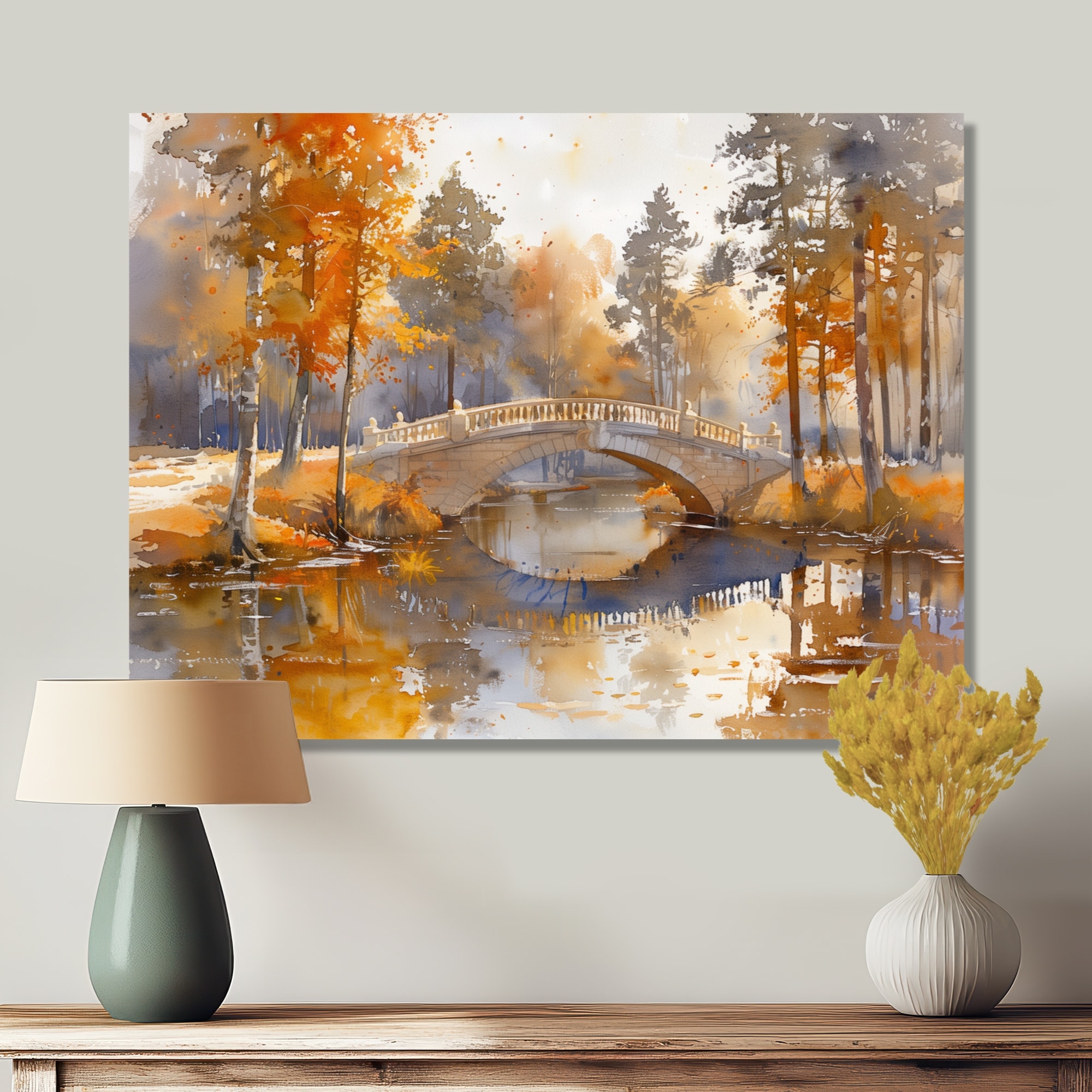 Designart "Yellow Beige Elegant Autumn Park Bridges II" Bridges Canvas Wall Art - Traditional Green Wall Art Print