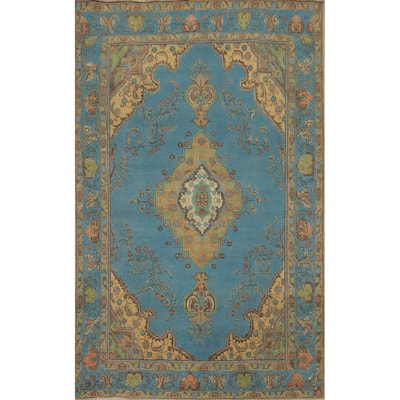 Hand Knotted Oriental 100% Wool Carpet Traditional Floral Navy Blue & Blues Tabriz Area Rug - 9' 5'' X 6' 4''