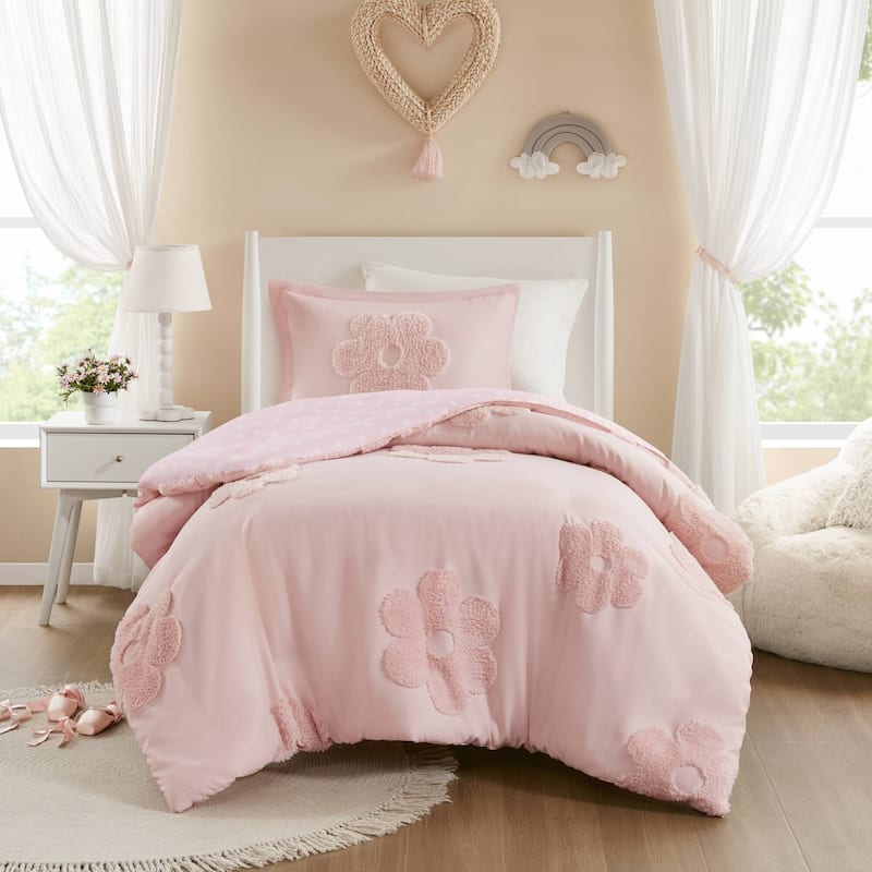 Intelligent Design Kids Gracie Floral Reversible Tufted Chenille Duvet Cover Set - Pink - Twin