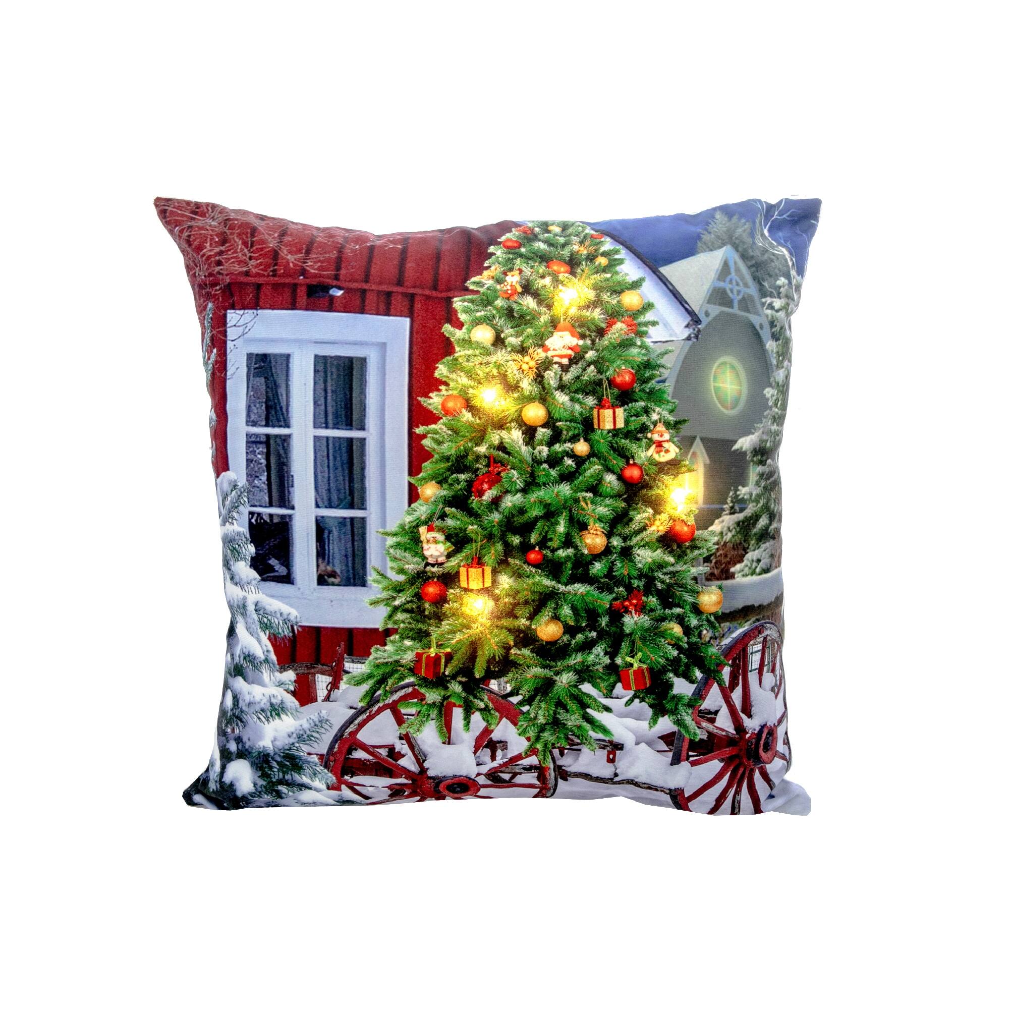 Led Velvet Cushion (Christmas Tree On Wagon) (18 X 18) Set of 2 Bed