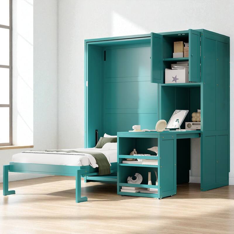 Twin Size Rotating Murphy Wall Bed with Bookshelf, Top Cabinet, Extendable Desk and Side Storage