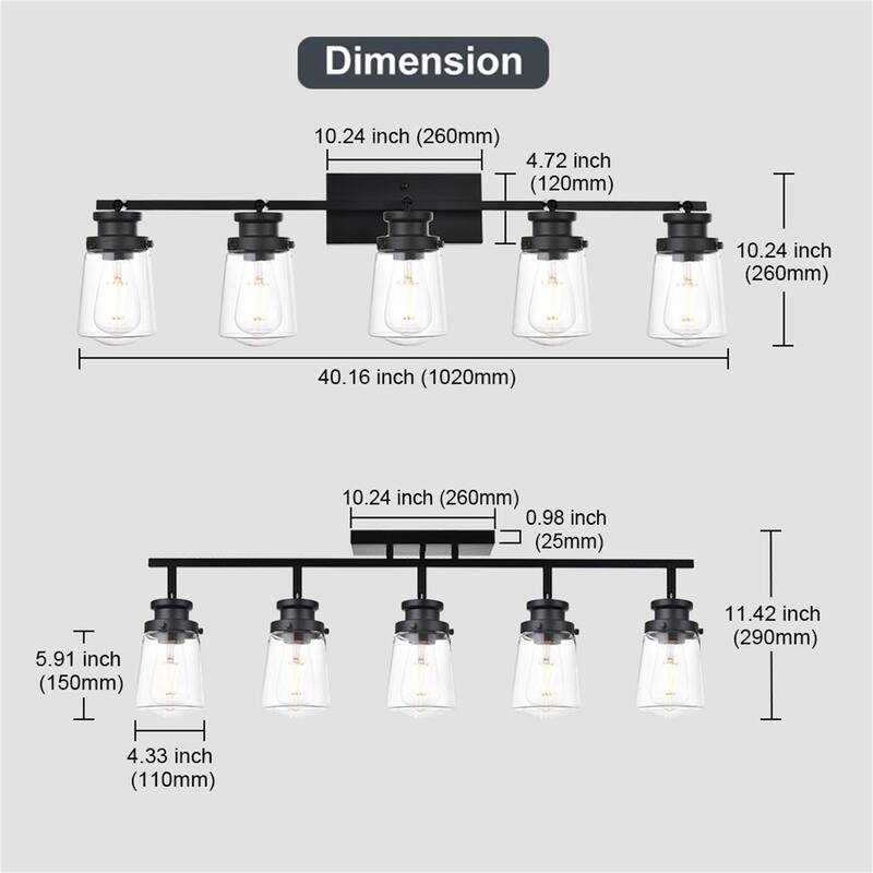 5-Light Black Wall Sconce with Clear Glass Shades