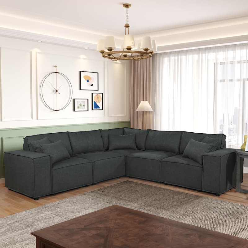 Oversized L Shaped Linen Upholstered Sectional Sofa - 99''Dark Gray