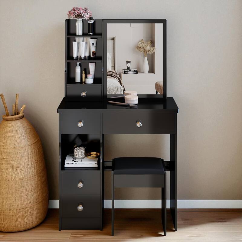 Small Vanity Desk with Sliding Mirror and Stool, Compact Makeup Table with Drawer and Storage for Small Spaces - Black