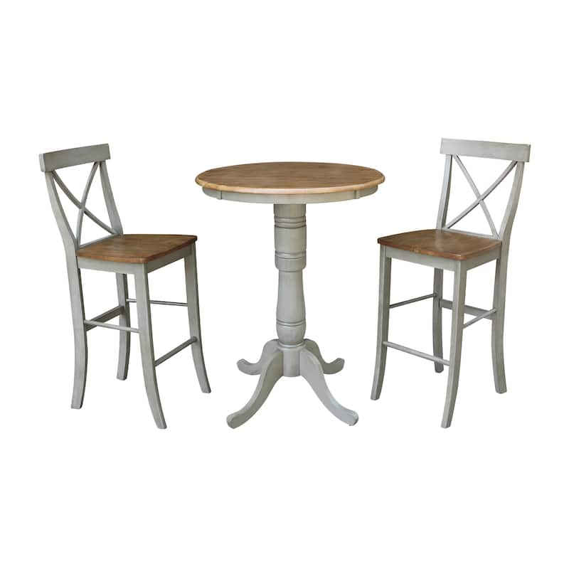 30" Round Pedestal Bar Height Table With 2 X-Back Bar Height Stools - Set of 3 Pieces
