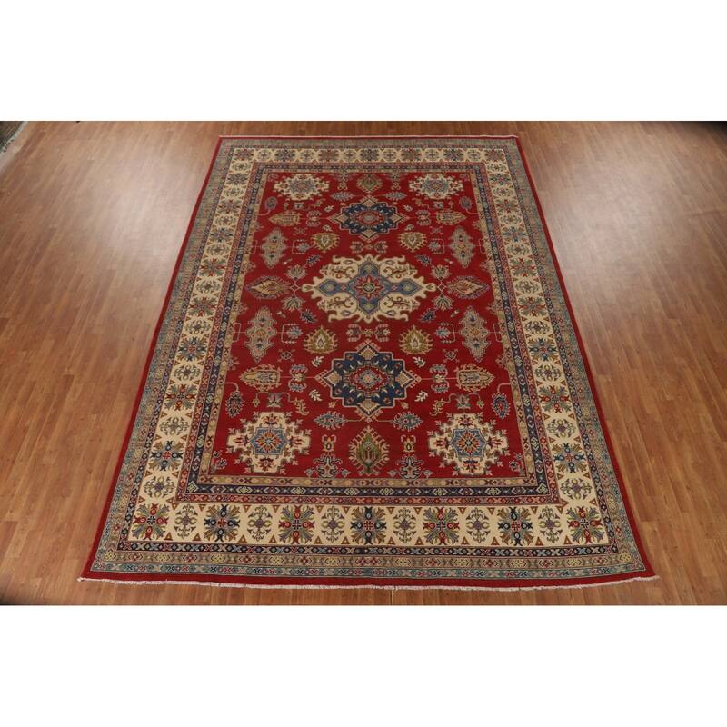 Red Geometric Kazak Oriental Large Area Rug Wool Carpet - 9'10" x 13'9"