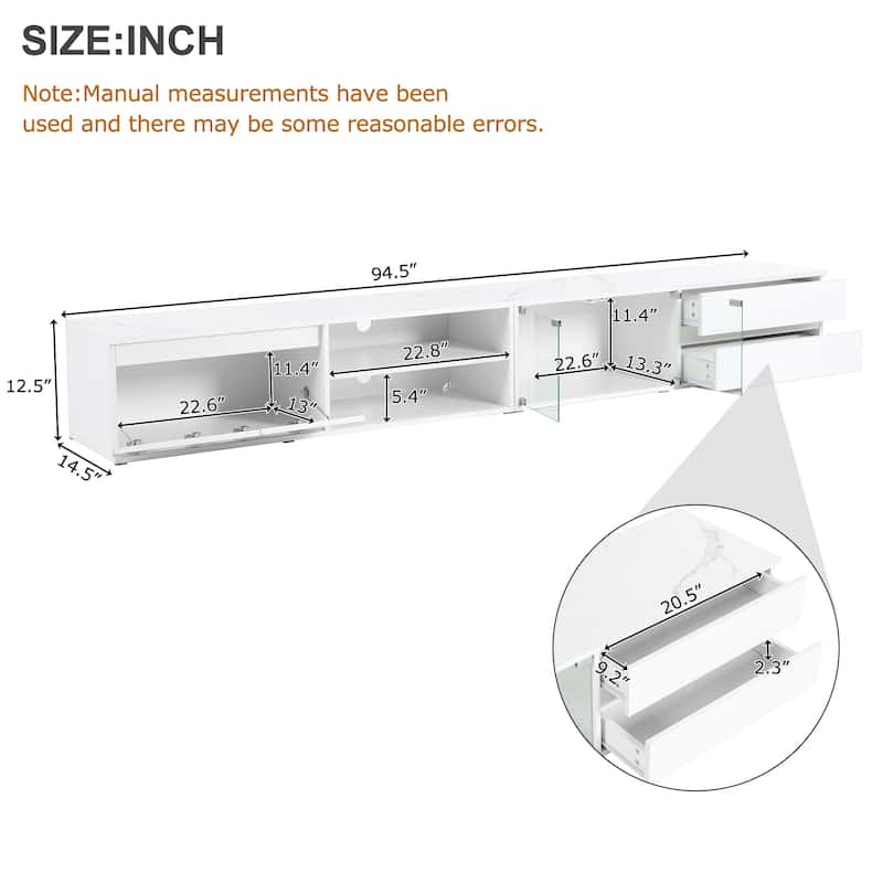 LED TV Stand for TVs Up to 105'', Faux Marble Tabletop TV Console with Glass Doors, Media Center with 2 Drawers & Cabinets