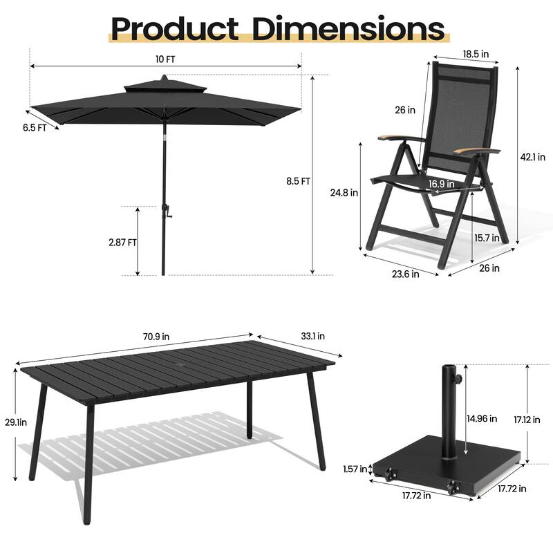 9PC Outdoor Patio Dining Set WoodLike Aluminum Umbrella Hole Table with Folding Chairs,Double Top Market Umbrella and Wheel Base