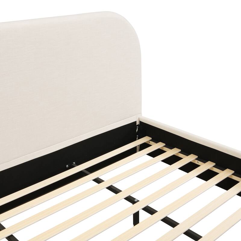 Beige Linen Upholstered Bed Curved Headboard Wingback Frame Low Profile Platform Bed