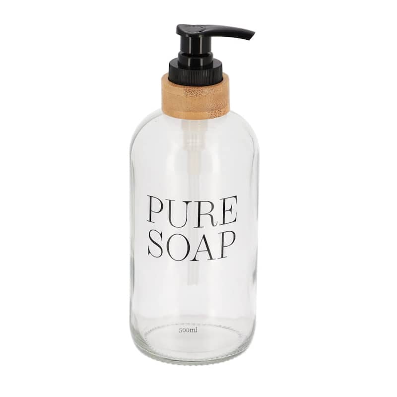 Glass and Bamboo Soap Dispenser PURE SOAP 17 or 34 FL OZ - Clear - 17 FL OZ