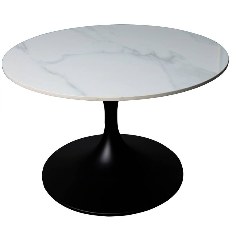 LeisureMod Verve 27" Round Coffee Table with Sintered Stone TableTop and Black Steel Base for Living & Bedroom - White