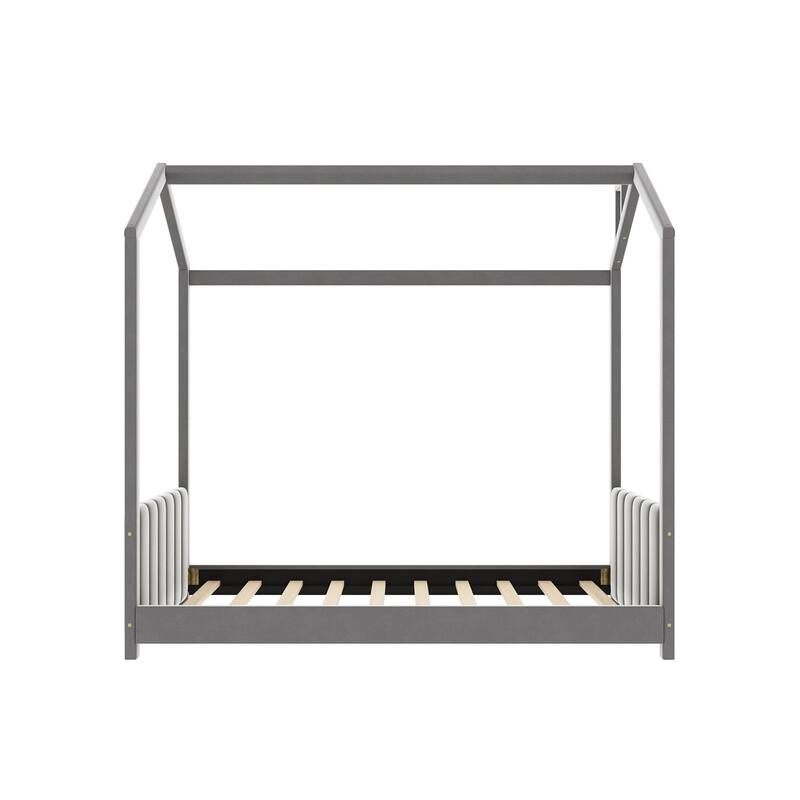 Roomfitters Twin/Full Size Velvet House Bed with Wooden Frame, Roof Design and Cozy Upholstery