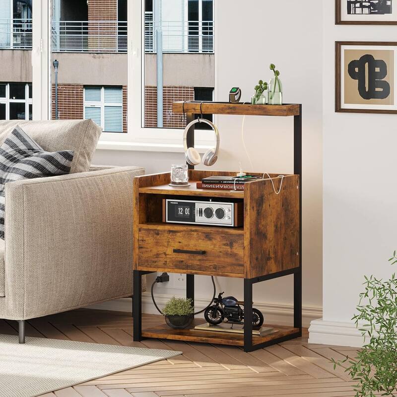 Nightstand with 1 Drawer Shelf USB Ports End Side Table
