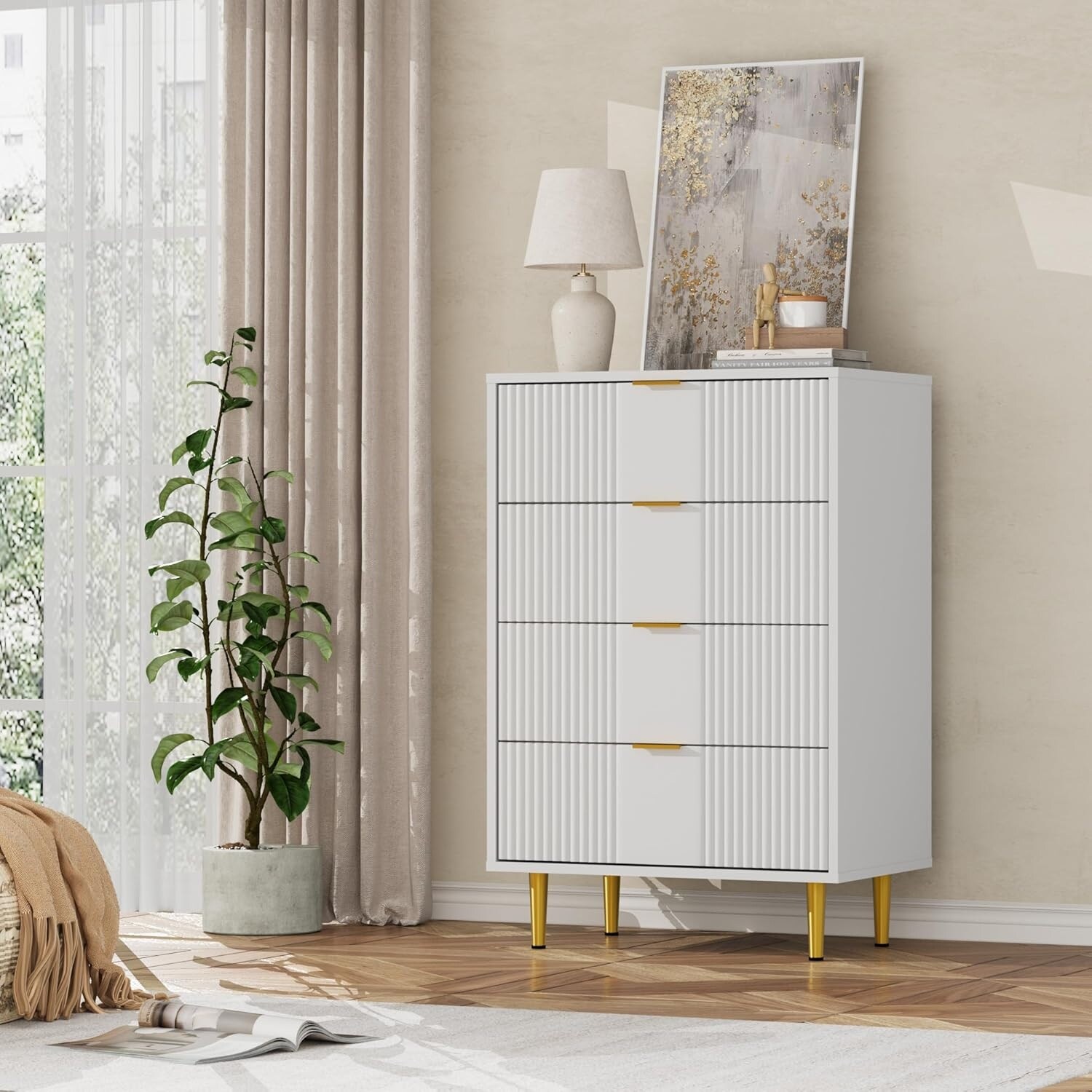 Fluted Dresser for Bedroom, Modern Chest of Drawers with Metal Handle, Wooden Closet Clothes Storage Organizer