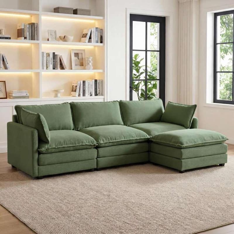 Oversized Modular Corduroy Sectional Sofa Set with Ottoman, 3-Seater / 4-Seater Deep Seat Lounge Couch for Living Room - Olive 3 Seat - Reversible