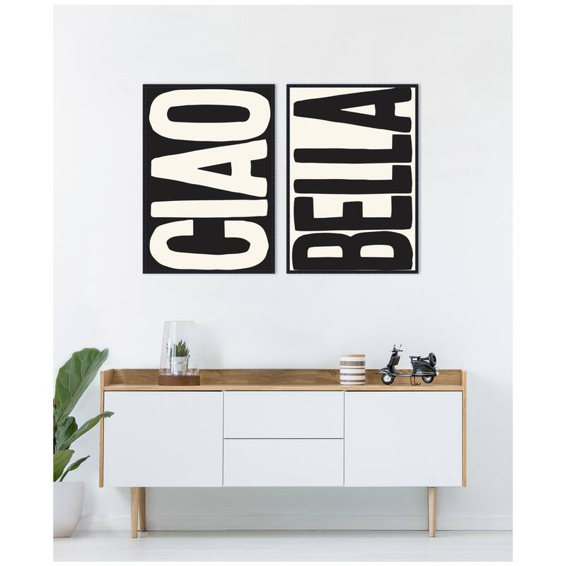 Kate and Laurel Ciao Bella Typography Black and White 2 Piece Framed Canvas Wall Art Set by Lucky Guava