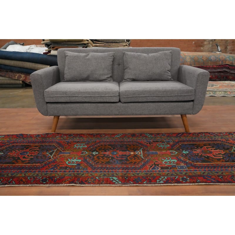 Hand Knotted Oriental 100% Wool Carpet Traditional Geometric Oranges & Rust Heriz Runner Rug - 9' 8'' X 2' 10''