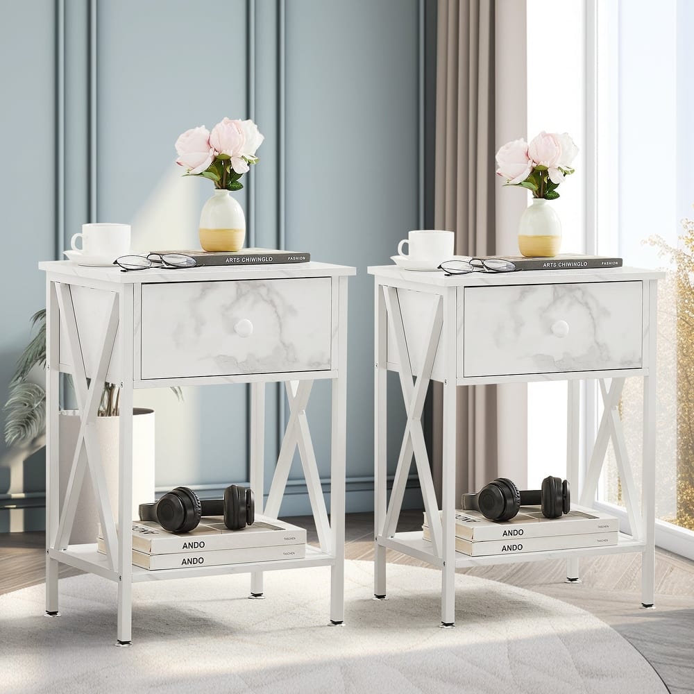 VECELO Set of 2 Mid Century Nightstand with Storage Drawer Open Shelves End Table Sofa Side Table for Bedroom Living Room