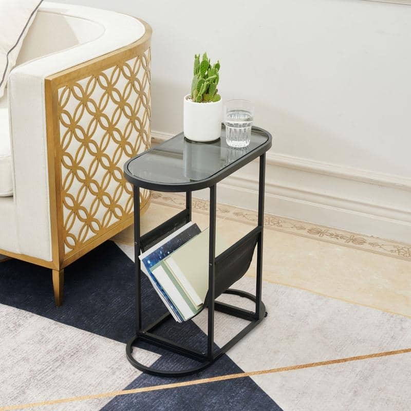 Oval Narrow Side Table Set of 2 End Tables with Organizer Storage
