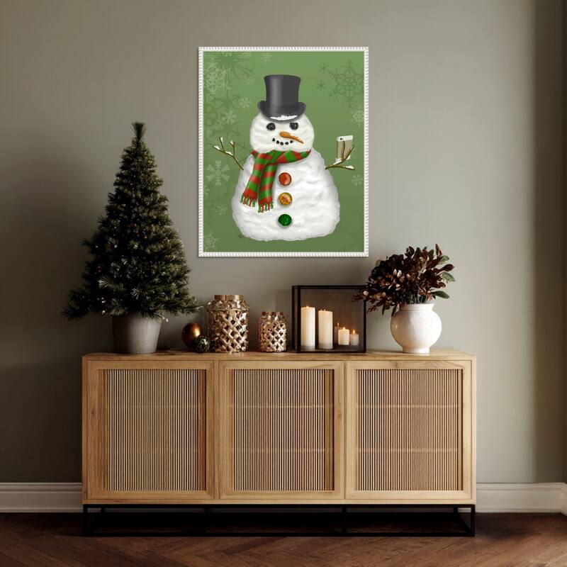 Snowman Selfie by Fab Funky (23 x 28 in.), Framed Canvas Wall Art Print - Sylvie Beaded White