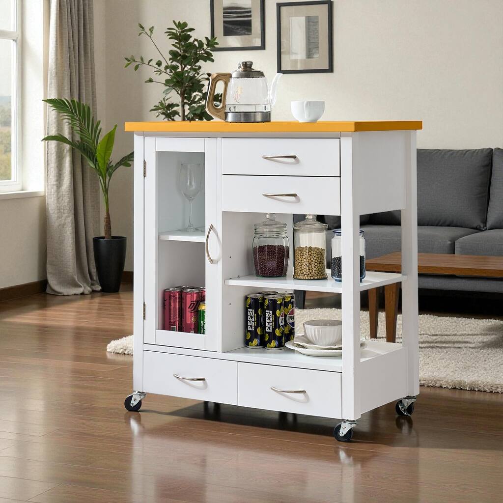 31" Rolling Kitchen Island Cart with Walnut Wood Top, Drawers, Glass Door Storage Cabinet & Towel Bar