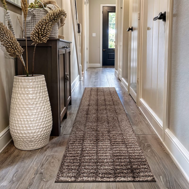 Bohemian Stripe Lines Shag Rug - Textured Surface - Anthracite Dark Gray - Easy to Clean - Beige - 2' 3" x 12'
