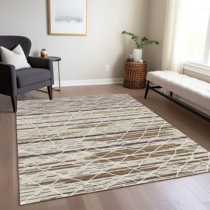 Machine Washable Indoor/ Outdoor Modern Global Chantille Rug - Beige - 9' x 12'