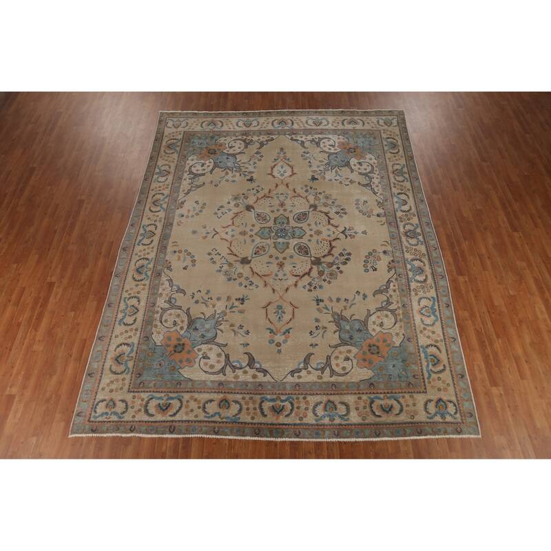 Tabriz Persian Vintage Area Rug Hand-Knotted Beige Wool Carpet - 9'6"x 12'5"
