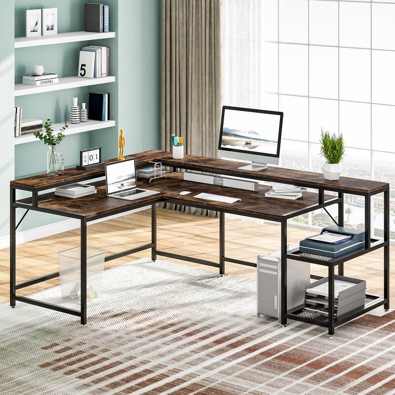 69" L Shaped Desk with Monitor Shelf, Reversible Corner Computer Desk for Office Home