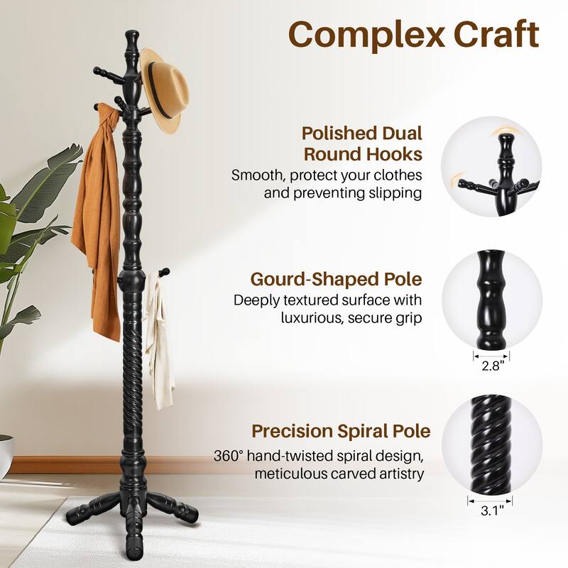 74.4" Solid Wood Coat Rack Freestanding, Coat Tree Stand with 11 Hooks - 74.4"H x 20.9"W