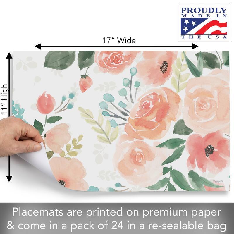 Blooming Delight 24 Sheet Reusable Premium Paper Stock Placemats in Resealable Storage Bag Made in The USA 17" x 11"