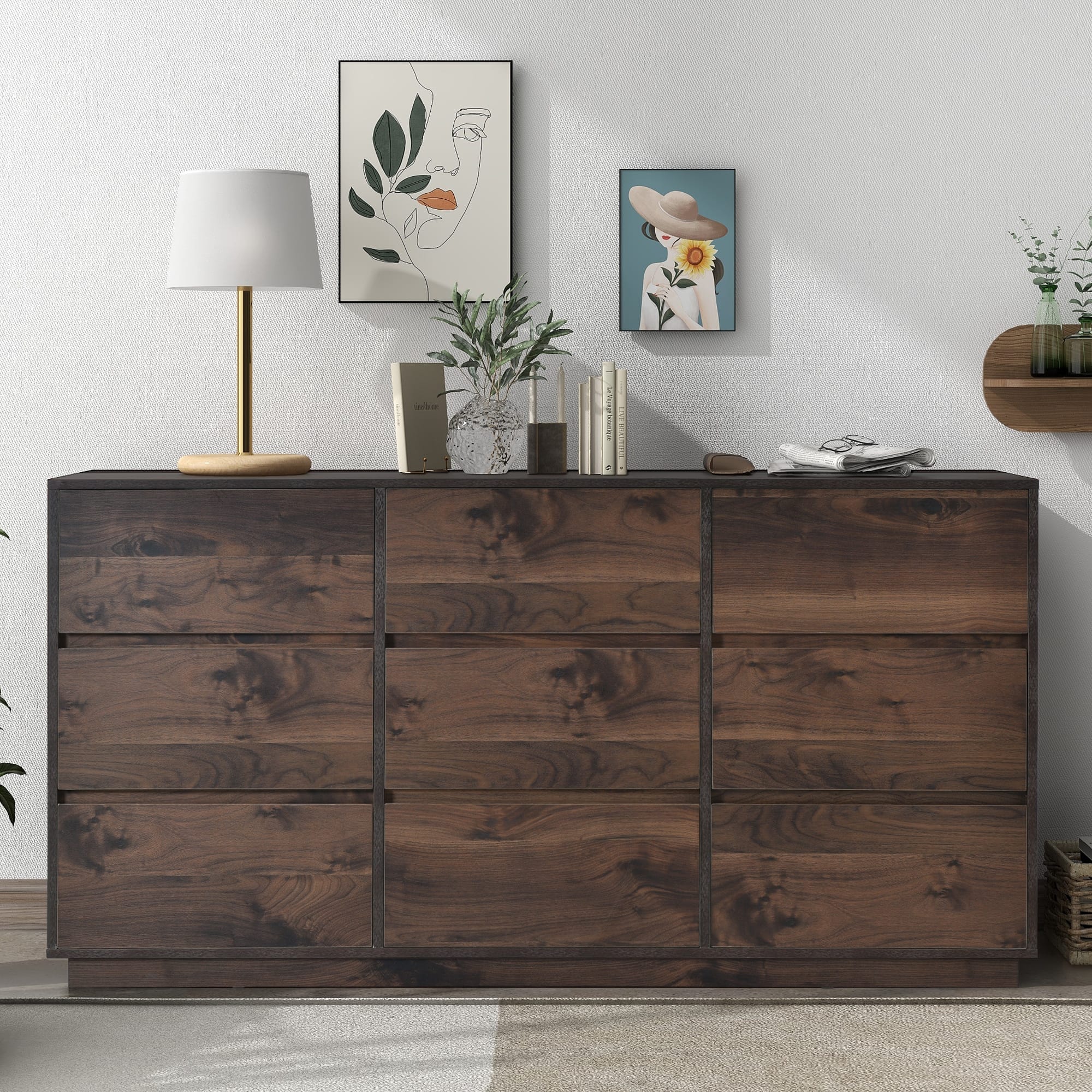 Modern Dark Walnut 9Drawer Dresser with Durable MDF Board, Smooth