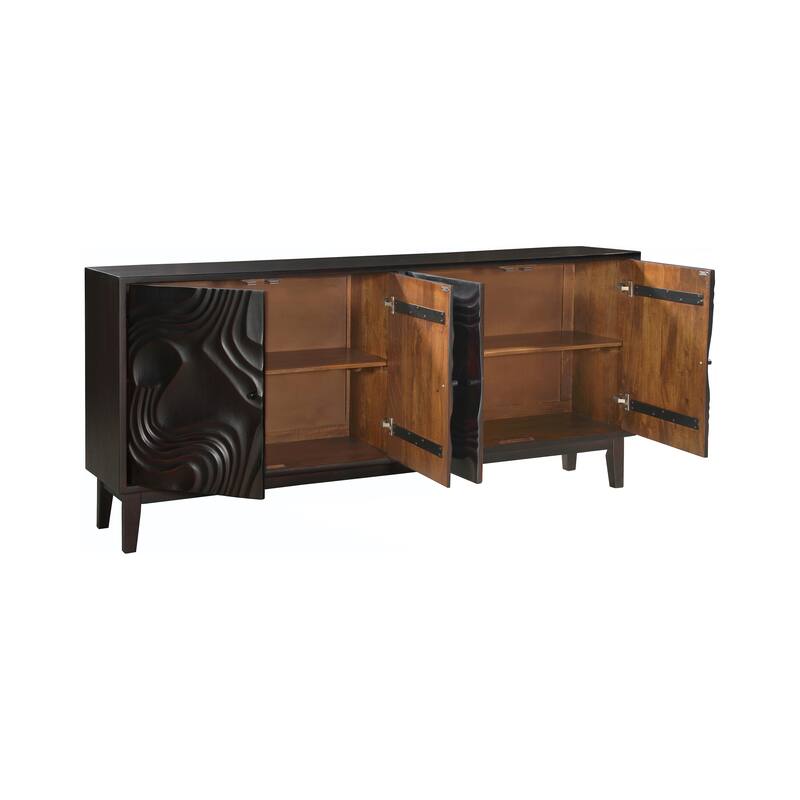 HomeRoots 80" Dark Brown Solid Wood Carved Abstract Sideboard with Four Doors - 80.00 in. x 36.00 in. x 16.00 in.