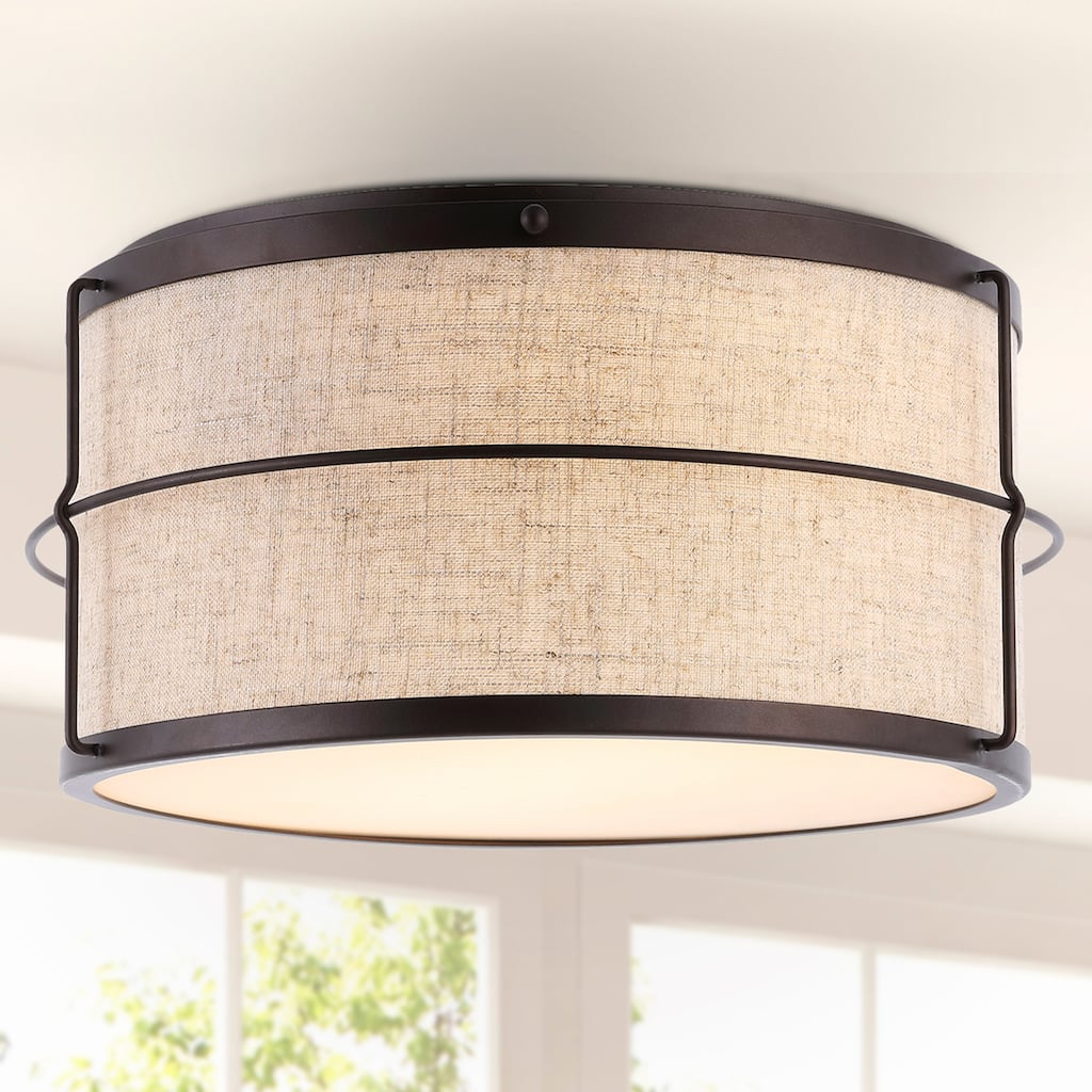 Milo 14" 2-Light Rustic Farmhouse Iron LED Flush Mount, Oil Rubbed Bronze by JONATHAN Y - 2 Light