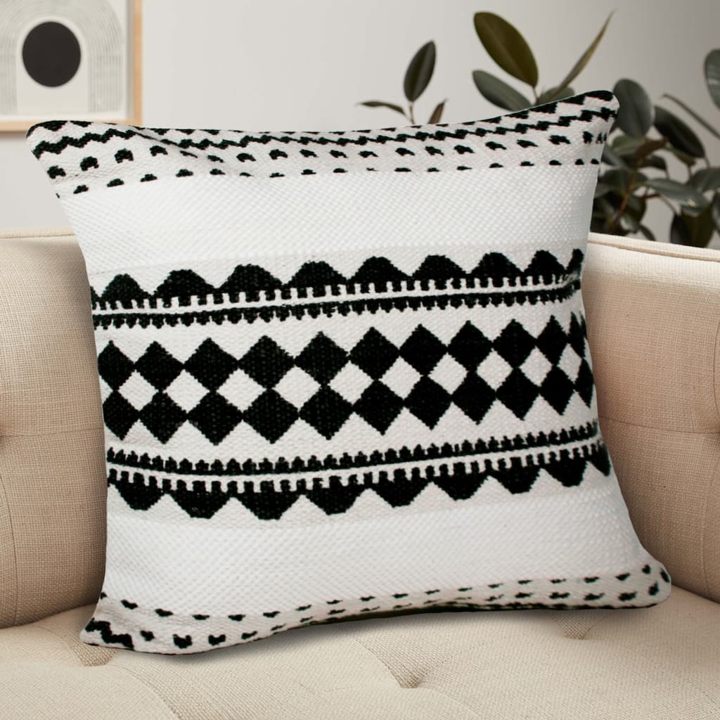 Handwoven Geometric Diamond Throw Pillow Cover - 20" - White and Black
