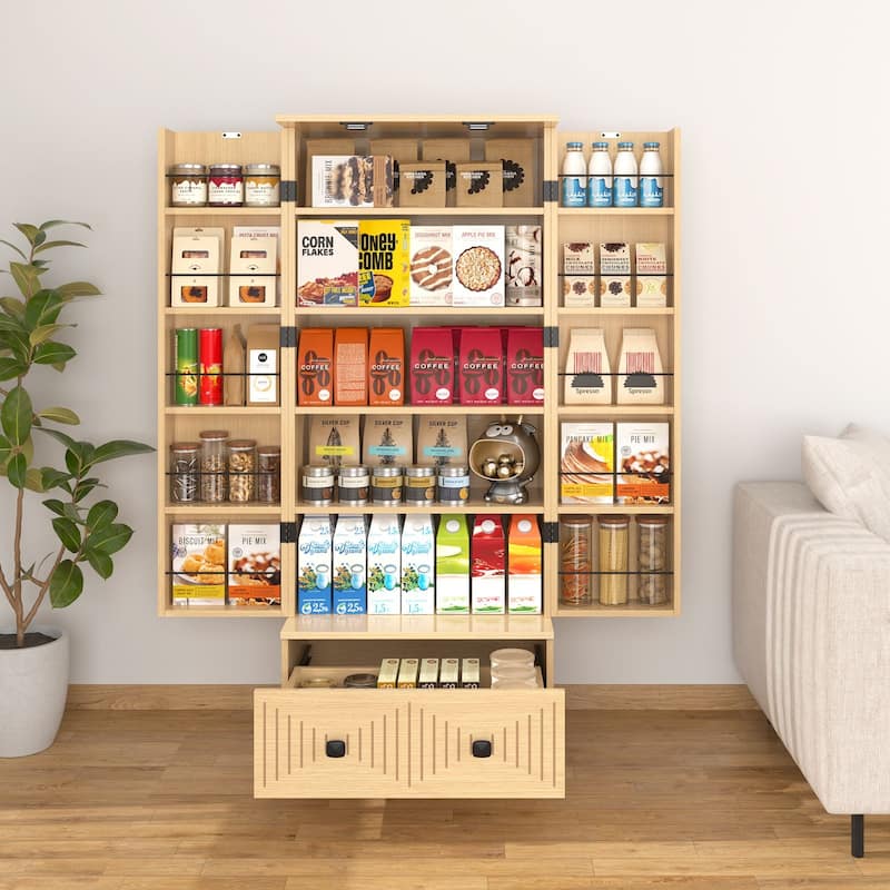 Gymojoy Farmhouse Pantry Cabinet with Drawer & Shelves, Kitchen Storage Cupboard for Dining Room, Living Room, Bathroom
