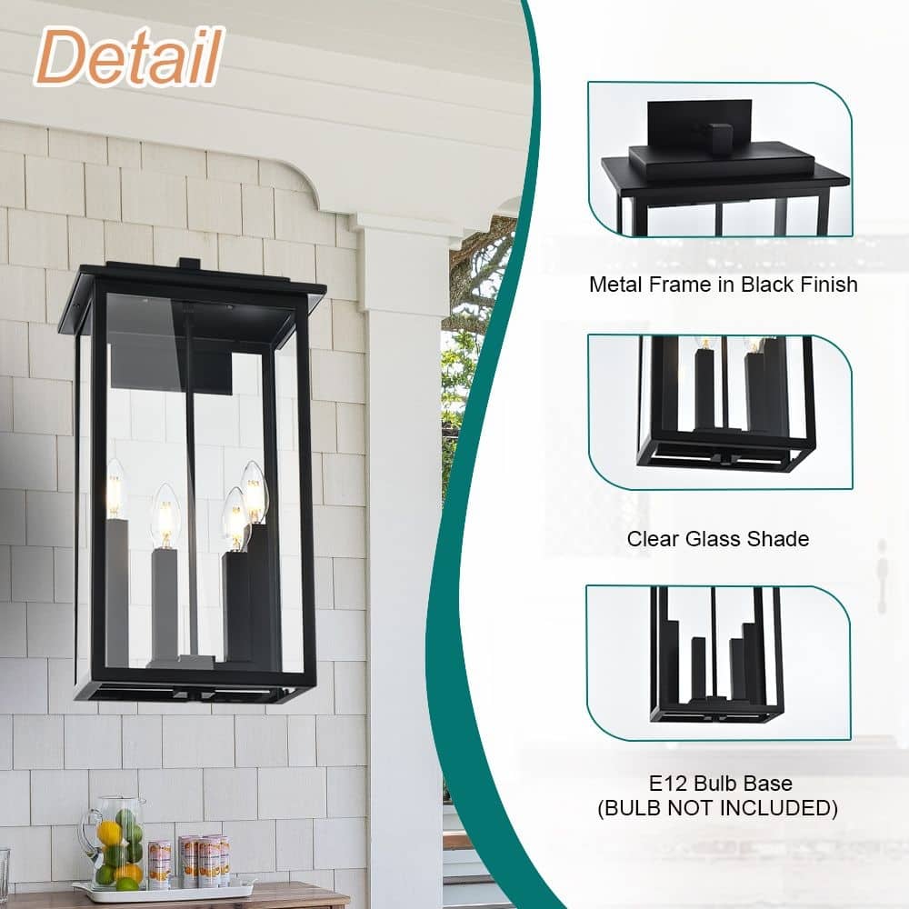 4-Light Outdoor Wall Sconce, Exterior Porch Light Wall Mount Lantern with Clear Glass for House, Farmhouse Sconces Lantern