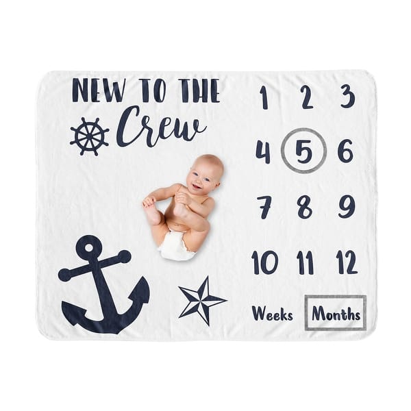 slide 2 of 6, Nautical Sailor Boy or Girl Baby Monthly Milestone Blanket - Navy Blue White Anchors Ocean Sailboat Sea Marine Gender Neutral