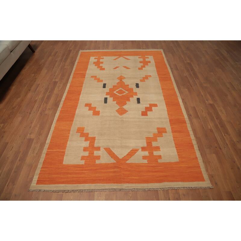 Hand Woven Oriental 100% Wool Carpet Southwestern Tribal Brown Kilim Area Rug - 8' 0'' X 4' 10''