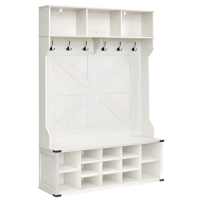 4-in-1 Hall Tree with Bench Coat Hooks Shoe Cubby Storage and Top Shelves Farmhouse Entryway Rack - 15.7"D x 51.2"W x 78.7"H