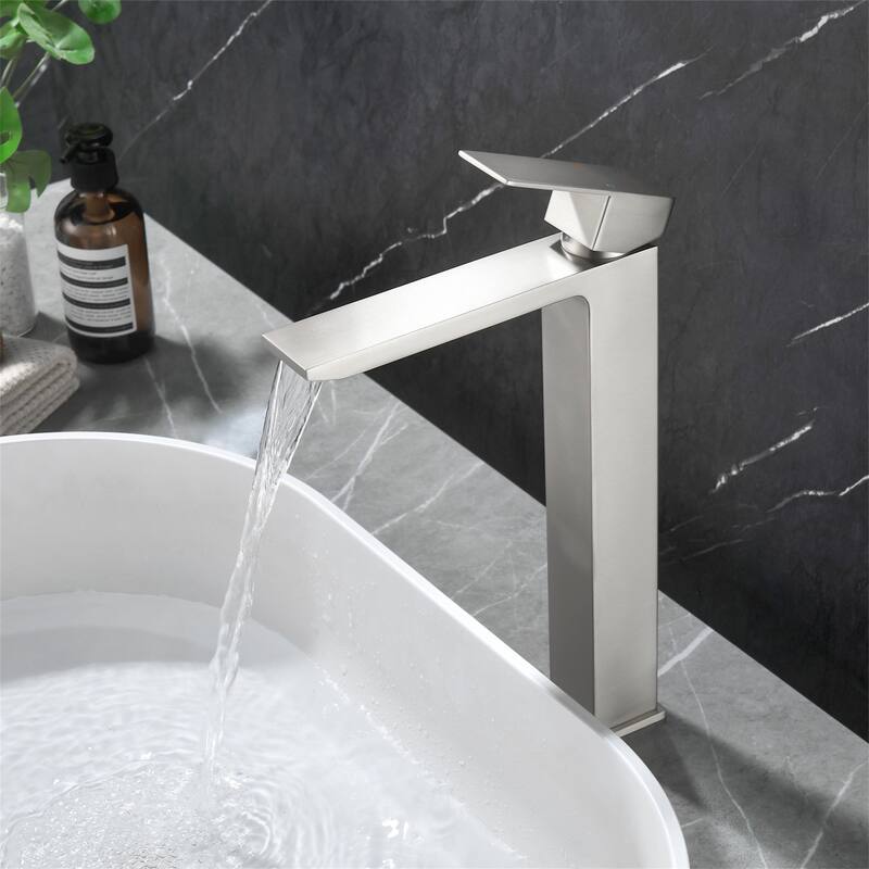 Waterfall Single Handle Bathroom Vessel Sink Faucet with Pop-up Drain 304 Stainless Steel 1 Hole High Tall Basin Vanity Taps