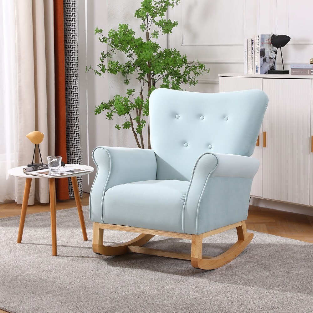 Rocking Chair, Modern Fabric Upholstered Nursery Glider Rocker with Curved  Wood Base and Side Pocket, Comfortable High Back Armchair Single Sofa Chair  with Removable Cushion for Living Room, Walnut 
