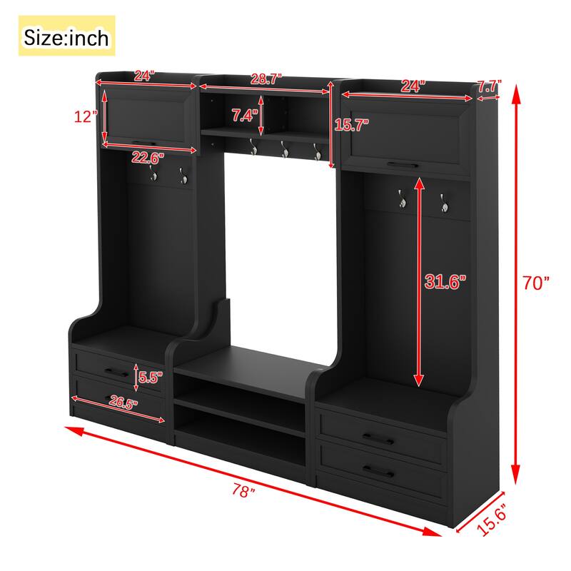 4-in-1 Detachable Hall Tree with Storage, 7 Hooks, Coat Rack, Drawers & Cabinet, Black Shoe Bench for Entryway Hallway