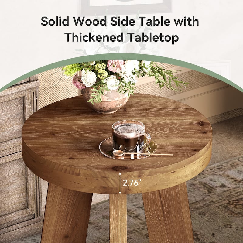 Round Solid Wood End Table, Couch Side Bedside Accent Table for Bedroom Living Room