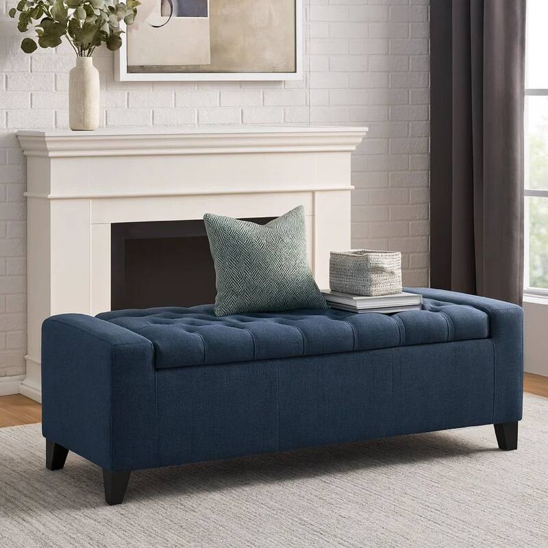 Storage Ottoman Bench, 51 Inch, Deep Button Tufted Dark Blue Fabric