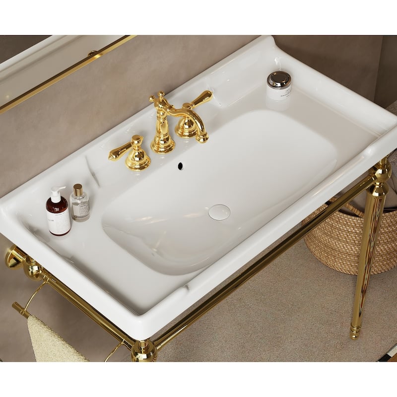 28" Wall-Mounted Console Sink with Stainless Steel Legs, White Ceramic Vanity Basin & Towel Bar