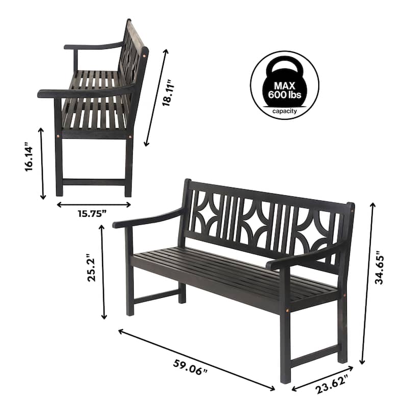Laurel 59.1" 3-Seat Ogee Diamond-Back 600-Lbs Support Acacia Wood Outdoor Garden Patio Bench, by JONATHAN Y